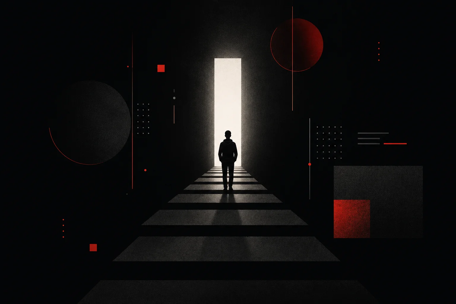 Silhouette of a person walking down a dark staircase toward a bright doorway